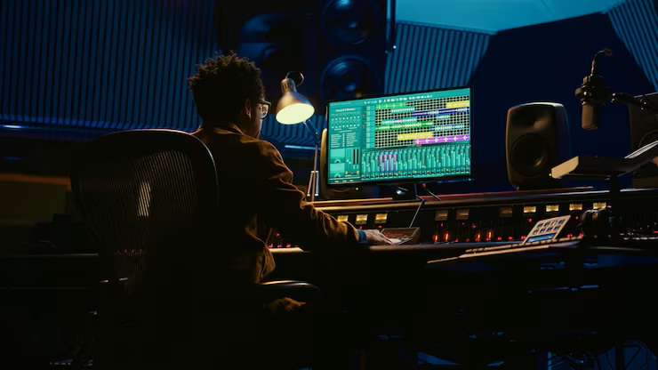 A mixing console glowing in a dark studio