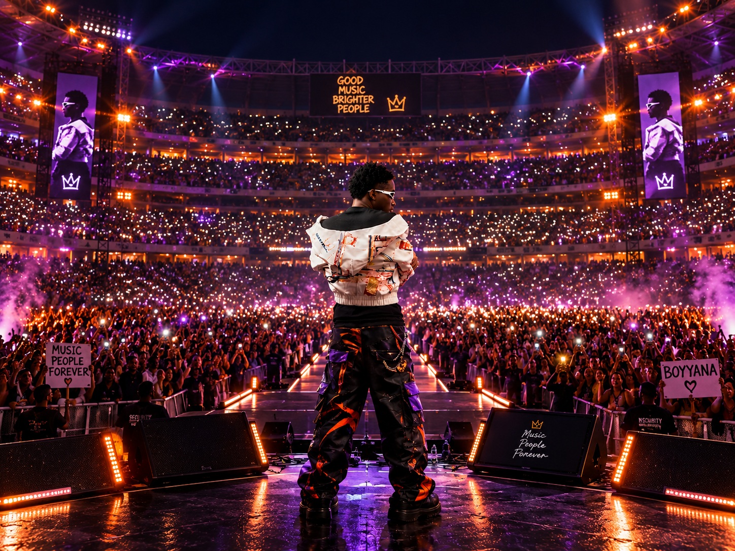 A vast concert crowd under golden stage lights