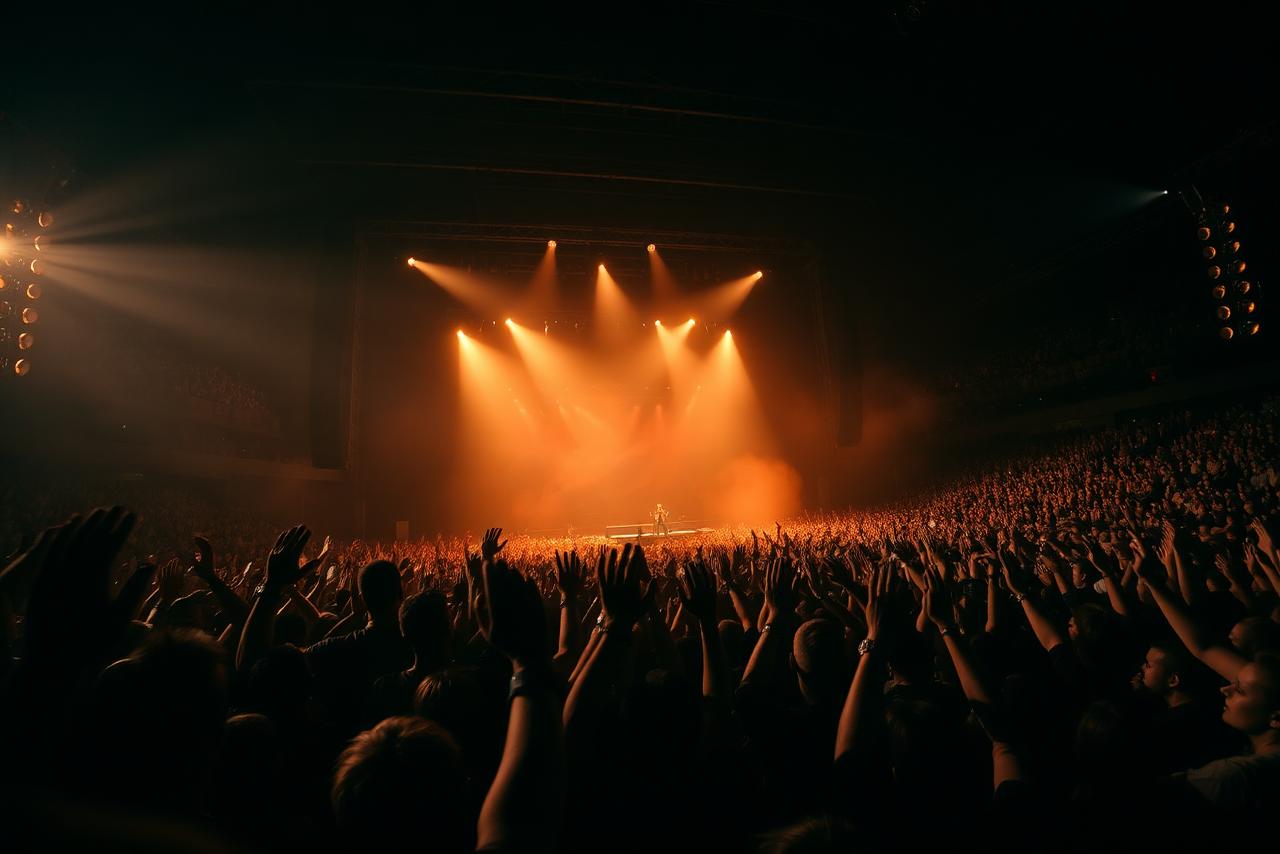Concert crowd with hands raised in amber haze