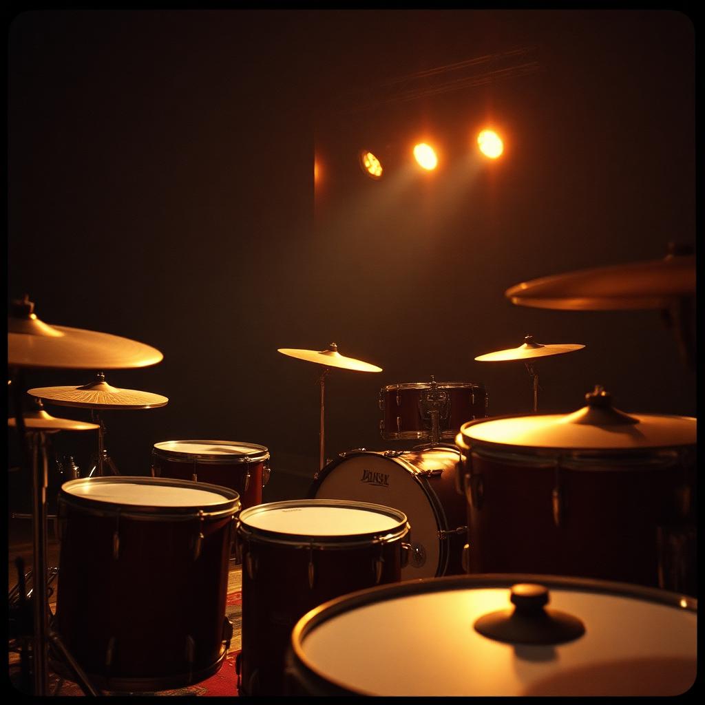 Percussion set lit by warm stage lights