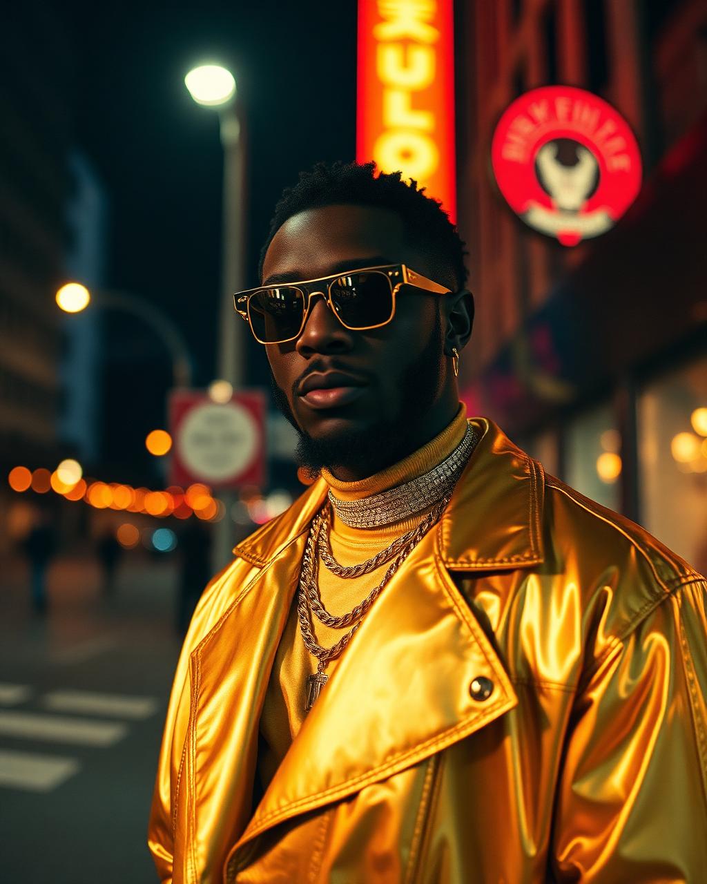 Boy Yana in a gold jacket on a city street at night